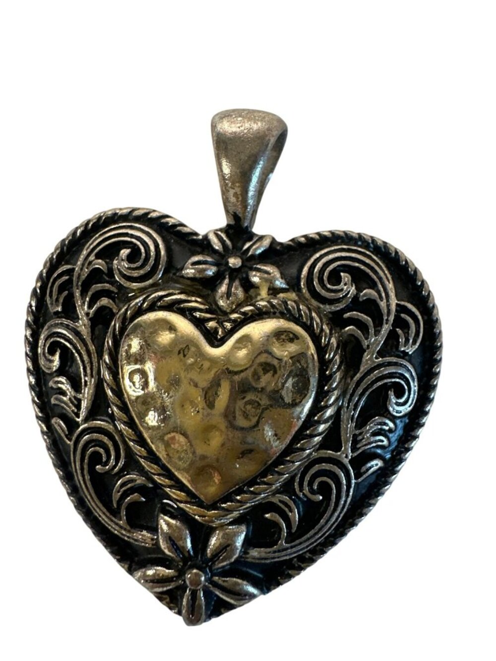 Heart-Shaped Two-Tone Pendant Intricate Floral Gold-Tone Center 2" Cottage Core